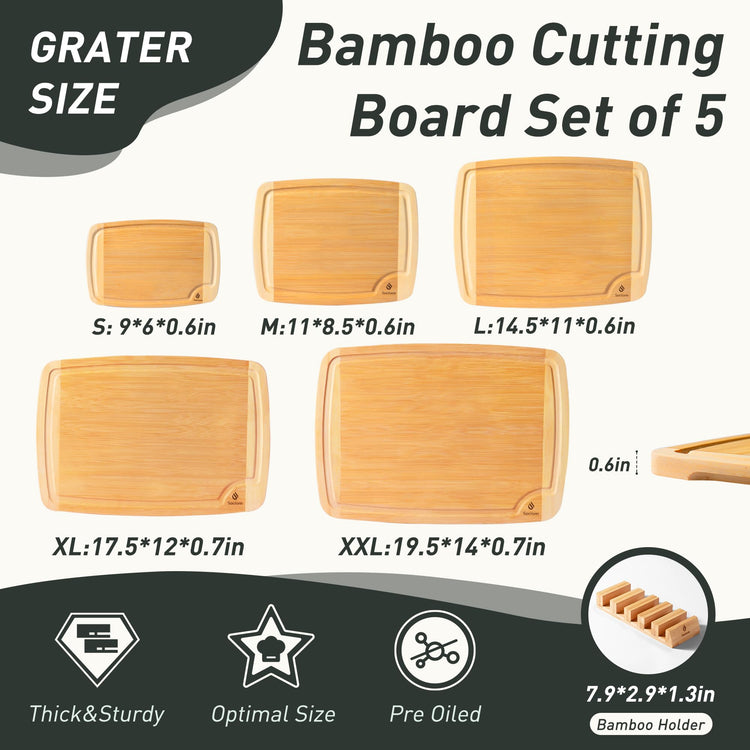 Bamboo Cutting Board Set Non Slip Feet with Holder Over Sink Wooden Cutting Boards Eating Grilling Biard Cutboard Biard Chtting Woodcutting Cuttingboards Voard Oard Bord 12x18 11 x 14 Baords Baord (5 Count)