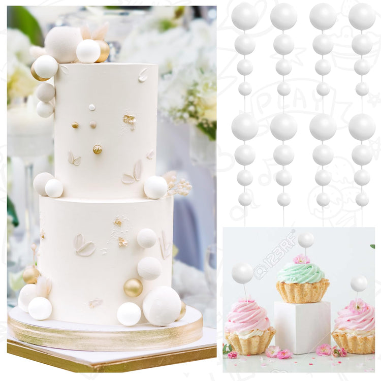 48 Pcs White Balls Cake Topper Decorations Balloon Cupcake Toppers Foam Cake Topper Balls Cake Balls Decorations for Birthday Party Wedding Anniversary Cake Decorating (48 Count)