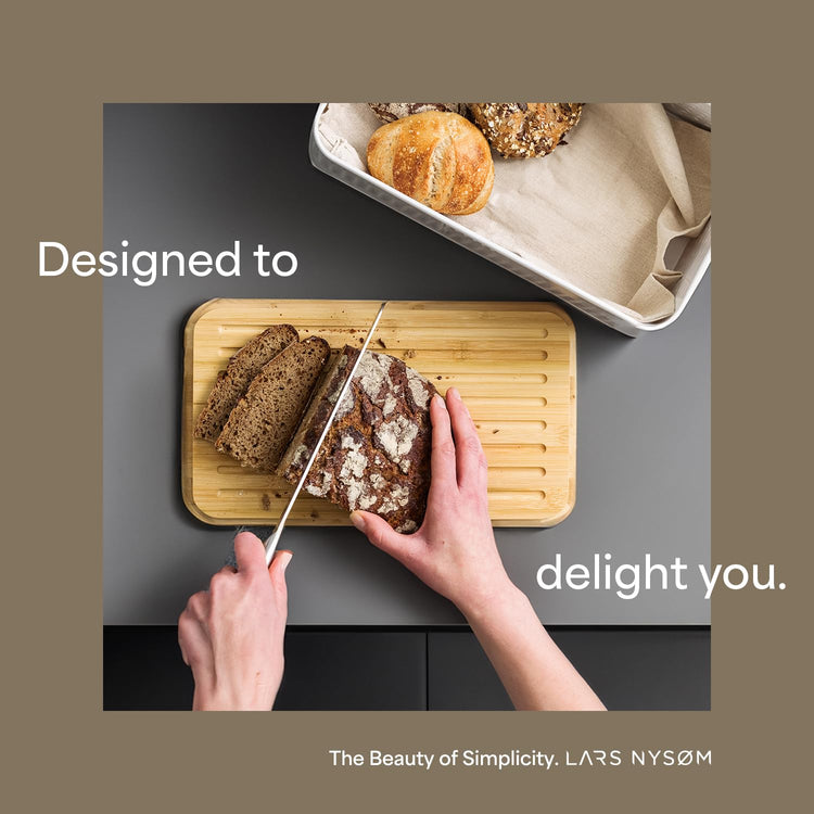 Bread Box I Metal Box with linen bag for long lasting freshness I Bread Bin with bamboo lid usable as cutting board I 13.4x7.3x5.3In