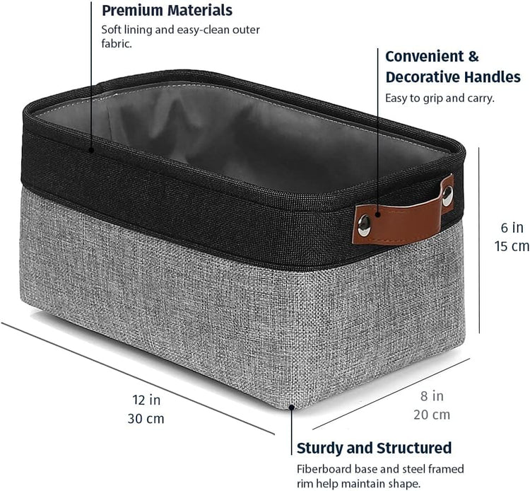 OrganiHaus Small Fabric Storage Baskets for Shelves 3 Pack, 12x8in Closet Storage Bins for Shelves, Cloth Baskets for Organizing, Linen Closet Organizers, Fabric Basket, Gray/Black