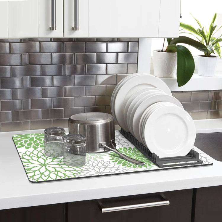 Findosom 2PCS 12" x 20" Dish Drying Mat & 24" x 5.5" Sink Splash Guard, Super Absorbent & Cuttable Dish Mat Drying Kitchen Mat with Green Floral, Hide Stain Drying Mat for Kitchen Counter