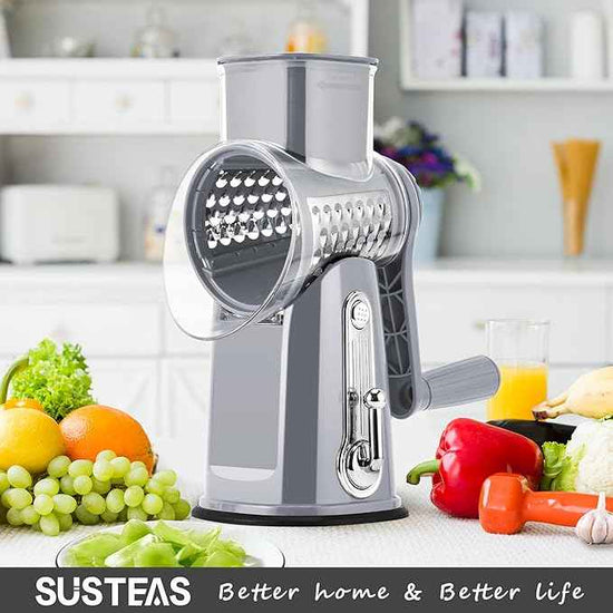 SUSTEAS Rotary Cheese Grater with Handle - Vegetable Shredder with 5 Well-designed Blades & Strong Suction Base,Round Mandoline Slicer & Food Chopper for Kitchen,with Blade Storage Box(Gray)