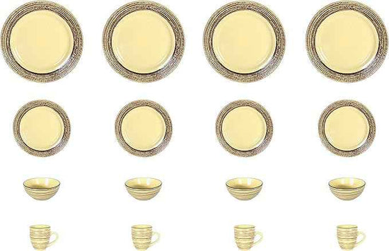 16 Piece Dinnerware Set, Ceramic Plates and Bowls Sets for 4, Microwave and Dishwasher Safe, Handcrafted Tree Bark Series Dish Set, Bamboo