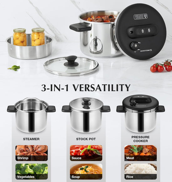 KOCH SYSTEME CS Stainless Steel Pressure Cooker 8.5 Quart, Olla de Presion, 3 PSI Settings, 18/10 Stainless Steel Pressure Cooker, One-Press Lock Pressure Cookers, Induction Ready, Glass Lid & Steamer - Nestoria