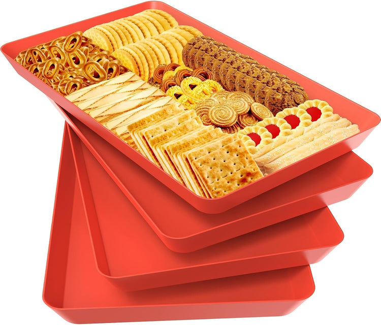 WOWBOX 4 pcs Serving Tray for Entertaining, Serving Platters for Snacks, Fruit, Cookies, Dessert, Reusable Plastic Trays for Serving Food and Pantry Organization in Kitchen & for Parties, (Red)