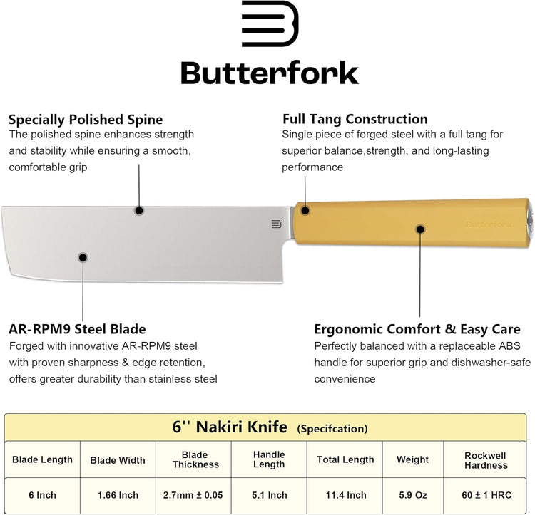 6 Inch Nakiri Knife, Hand Forged AR-RPM9 Steel Blade & Ergonomic Handle, All Purpose Kitchen Cleaver Knife for Meat Vegetable Fruits, Gift for Home Chefs