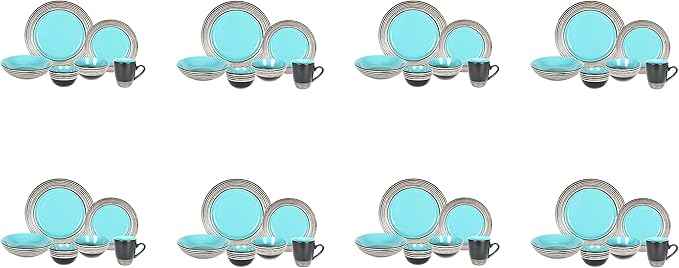 48 Piece Dinnerware Set, Ceramic Plates and Bowls Sets for 8, Microwave and Dishwasher Safe, Handcrafted Tree Bark Series Dish Set, Turquoise