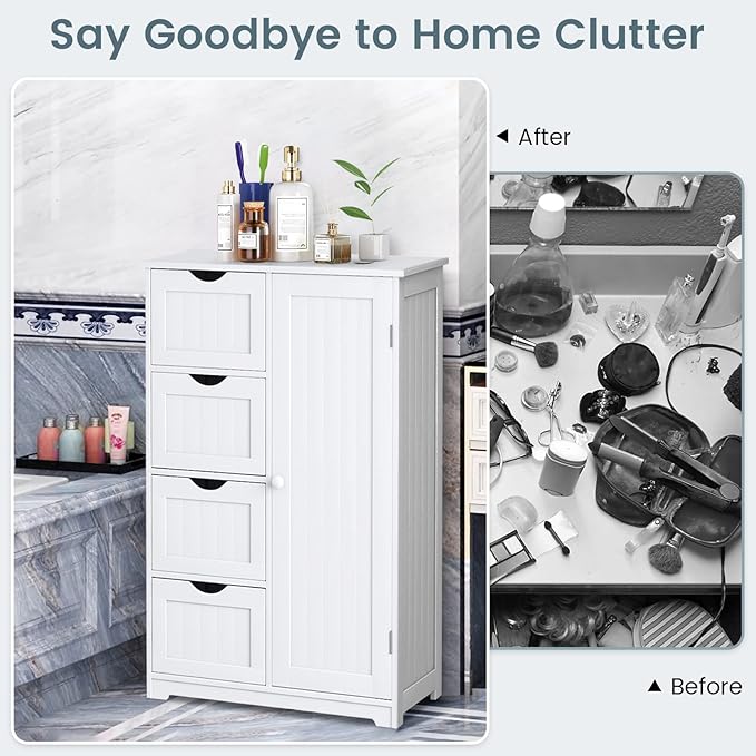 COSTWAY Bathroom Storage Cabinet, Wooden Storage Cupboard Organizer with 4 Drawers & Adjustable Shelf, Modern Floor Cabinet for Living Room, Bathroom, Kitchen, Entryway (White)