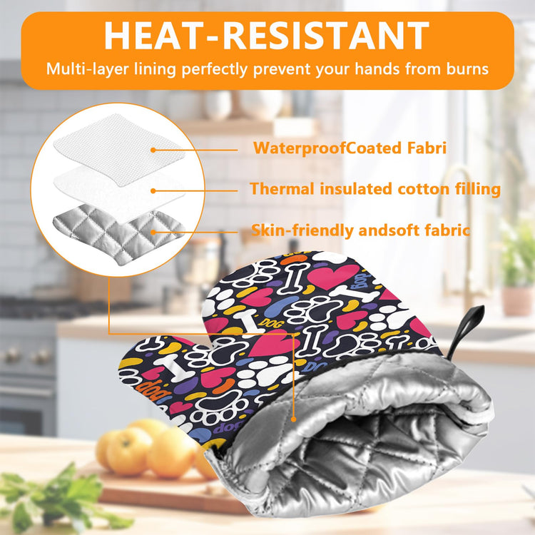 Paw Prints Oven Mitts and Bones Hearts Pot Holders Sets 4Pcs