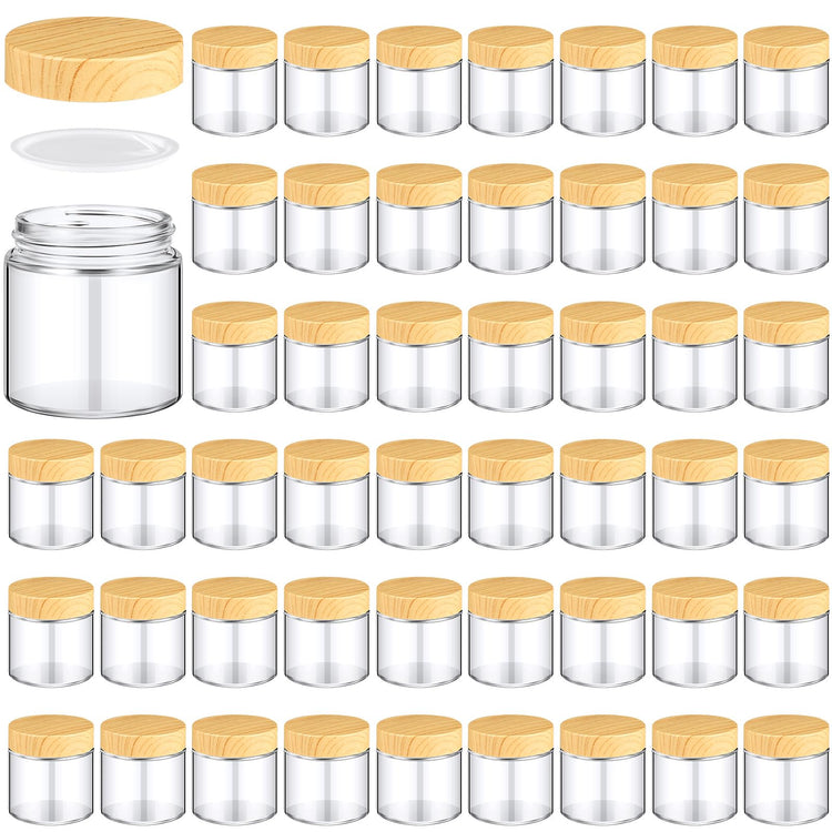 48 Pcs 4 oz Glass Jars with Lids Empty Small Glass Containers and Inner Liners Reusable Cosmetic Jars Round Airtight Bottles with Plastic Woodgrain Lids for Travel