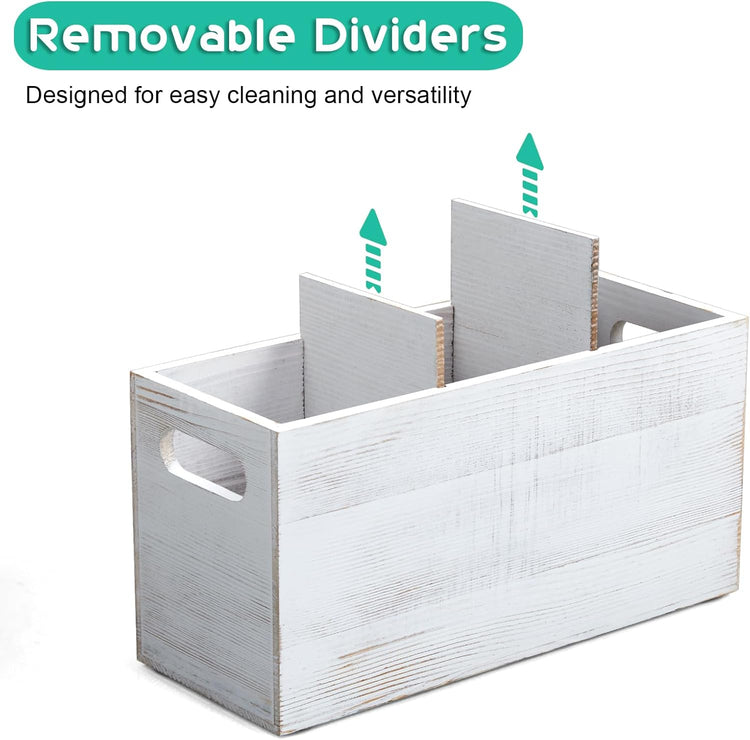 ALELION Rustic White Utensil Holder with Removable Divider - 3 Compartment Wooden Utensil Caddy Organizer for Kitchen Counter - Cooking Utensil Crock for Countertop