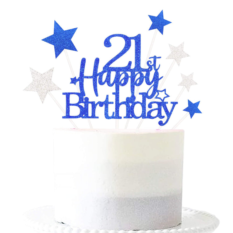 Royal Blue 21st Birthday Cake Topper with Glittery Stars (7 Count)