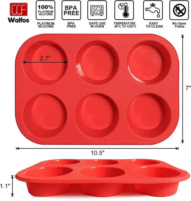 Walfos Silicone Muffin Pan - 6 Cup Non-Stick Silicone Cupcake Pan, Just PoP Out! Food Grade and BPA Free Baking Cups, Perfect for Egg Muffin, Cupcake, Dishwasher Safe (2 Pack Muffin Pan)