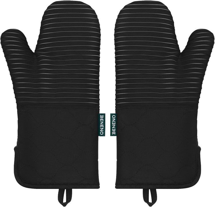 Beneno Kitchen Oven Mitts 2-Pack Heat Resistant to 500°F with Non-Slip Silicone Grip, Extra Long 14.3" Forearm Protection, Soft Quilted Cotton Terry Lining, Ideal for Cooking, Baking, Grilling, Black