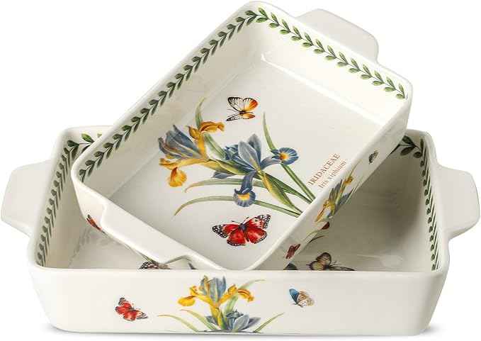Ceramic Iris Baking Casserole Dish with Handles, Large 2 pieces 8x13 inch & 6x10 inch Lasagna Baking Dish and Middle Flower Andplant Baking Pan,Porcelain Serving Bakeware Set