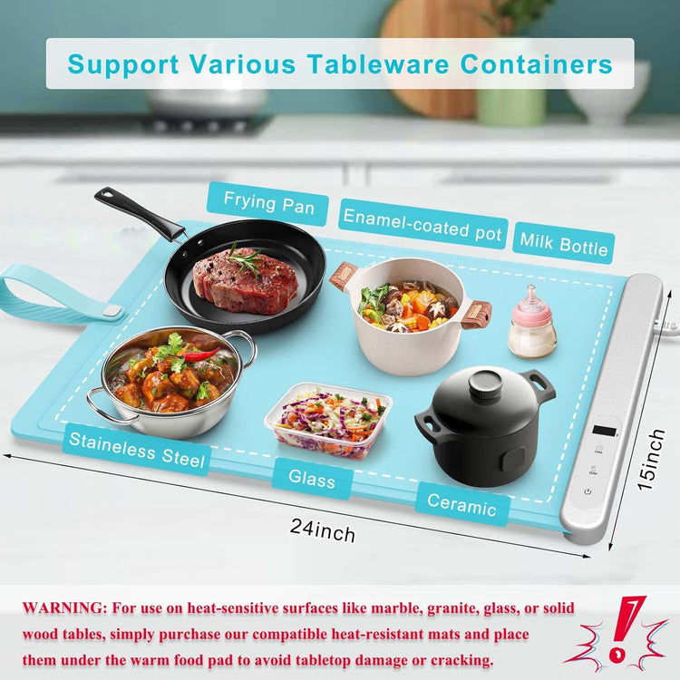 FYY Food Warming Mat - Electric Warming Tray with 6 Temperature Settings and 6 Hours Timer, Full Surface Graphene Heating Food Warmer, Premium Rollable Heating Tray for Gatherings, Parties, Light Blue