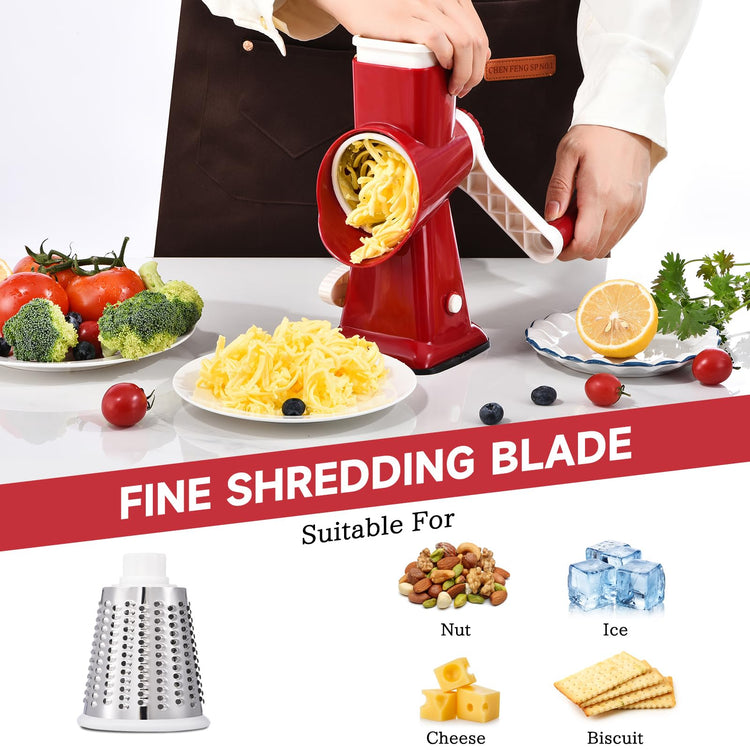 Rotary Cheese Grater with Handle Kitchen Shredder Slicer Grater Slicer Ice Shaver Cheese Vegetable Nuts Potato Zucchini Chocolate 3 Interchangeable Blades