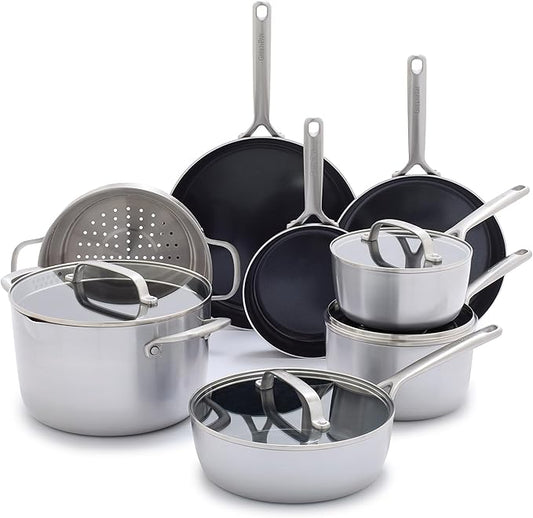 GreenPan GP5 Vista 5-Ply Stainless Steel 12 Piece Cookware Pots & Pans Set, Healthy Ceramic Nonstick PFAS-Free, Induction, Frying Pans, Sauté, Saucepans, Stock Pot, Glass Lids, Dishwasher & Oven Safe