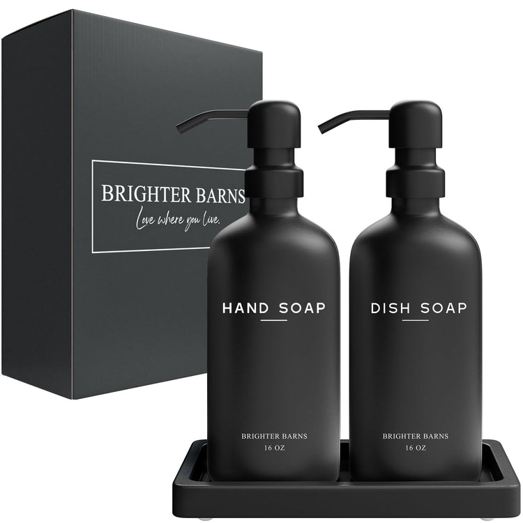 Black Glass Hand and Dish Soap Dispenser Set by Brighter Barns (2 Count)