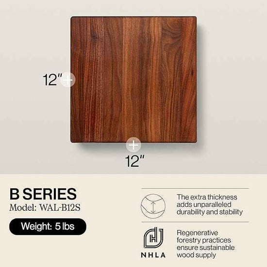 John Boos B Series Square Wooden Walnut Cutting Board 12”x12” – 1.5” Thick, 5-lb Non-Reversible Butcher Block with Wood Bun Feet & Edge-Grain