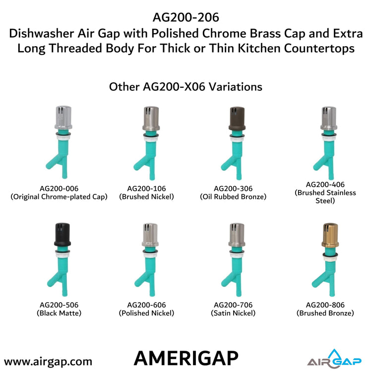 Dishwasher Air Gap with Skirted Polished Chrome Brass Cap and Extra Long Threaded Body for Thick or Thin Kitchen Countertops
