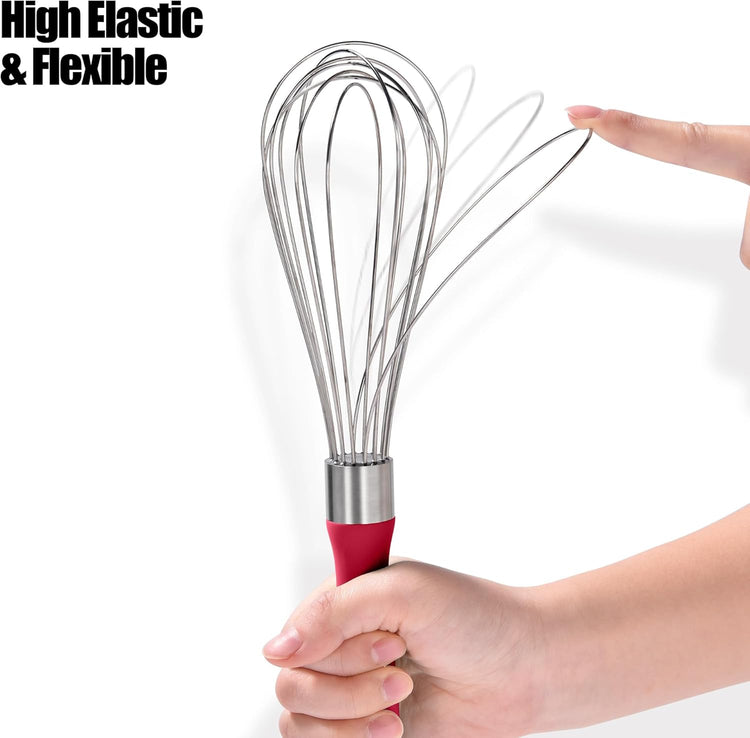 18/8 Stainless Steel Balloon Whisk, Doosu Kitchen Whisk for Cooking Handheld Egg Beater with Rust-Proof Sturdy Wires & Non-Slip Silicone Handle for Beating, Stirring, Blending (8 Wires, Red)