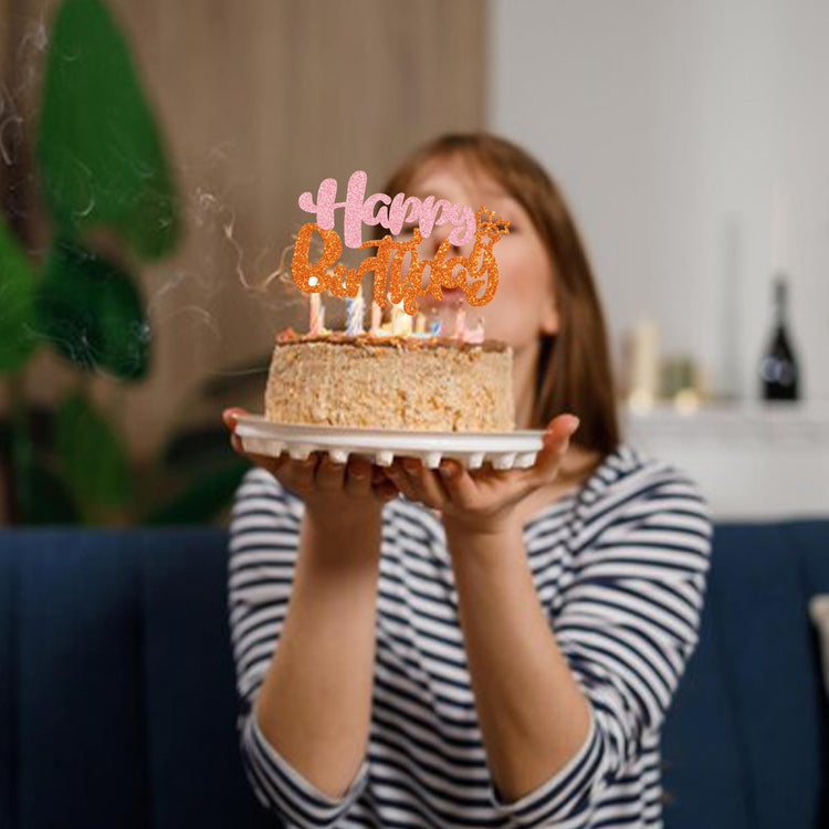 1Pcs Happy Birthday Cake Topper Glitter Cake Pick for Celebrating Anniversary Party Cake Decorations Supplies Pink Orange