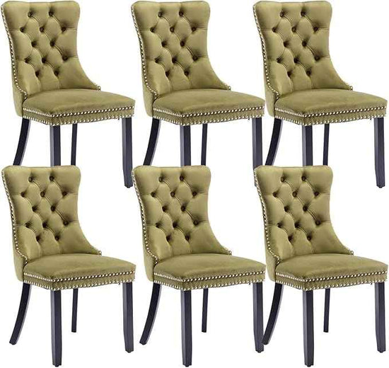 Velvet Dining Chairs Set of 6, Upholstered Dining Room Chairs with Back Ring Pull Trim and Solid Wood Legs,Tufted Wingback Kitchen Chairs for Dining Room,Living Room,Kitchen(Olive Green)