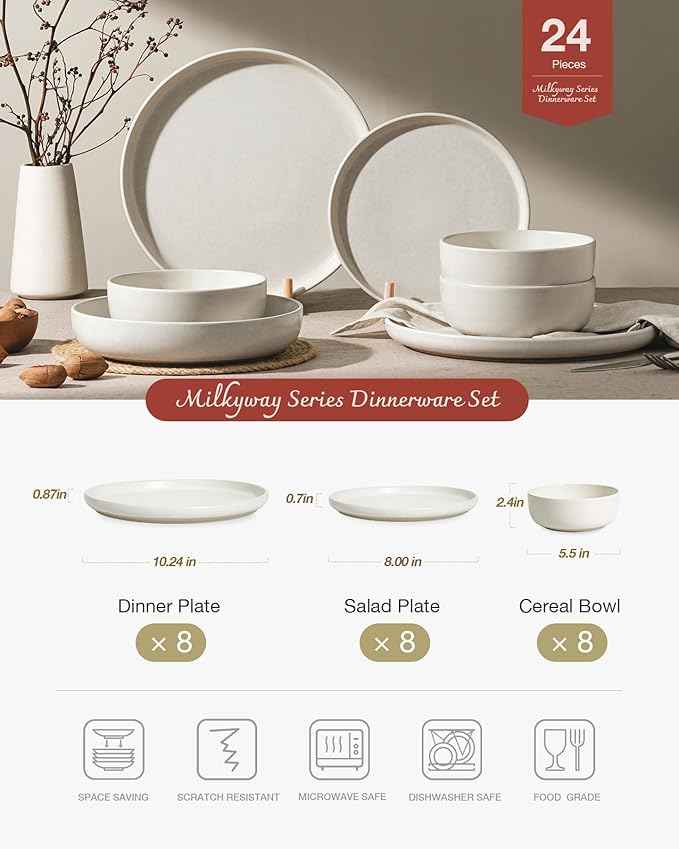 Famiware Milkyway Plates and Bowls Sets, 24 Pieces Dinnerware Sets, Reactive Glaze Dish Set, Stoneware Dishes Set for 8, Matte Beige White
