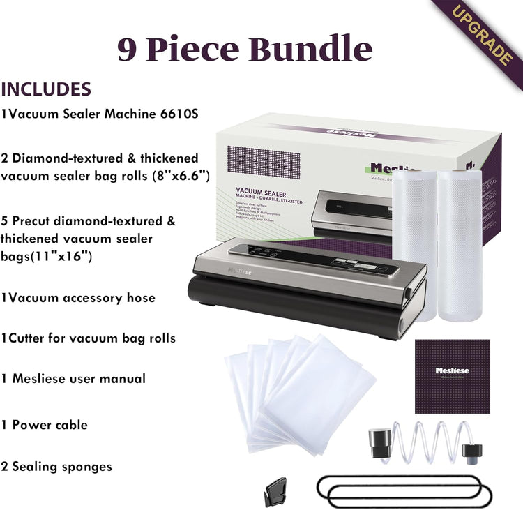 Vacuum Sealer Machine Powerful 90Kpa Precision 6-in-1 Compact Food Preservation System with Cutter, 2 Bag Rolls & 5 Pre-cut Bags, Widened 12mm Sealing Strip, Dry&Moist Modes (Silver)