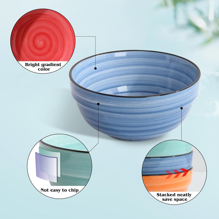 HAPPY KIT Ceramic Serving Bowls, 6 Inch Colorful Bowls for Kitchen, 24 Ounce Soup Bowls Set of 6, Dishwasher & Microwave Safe, Porcelain Bowls for Cereal Soup Rice Pasta Salad Oatmeal Soup