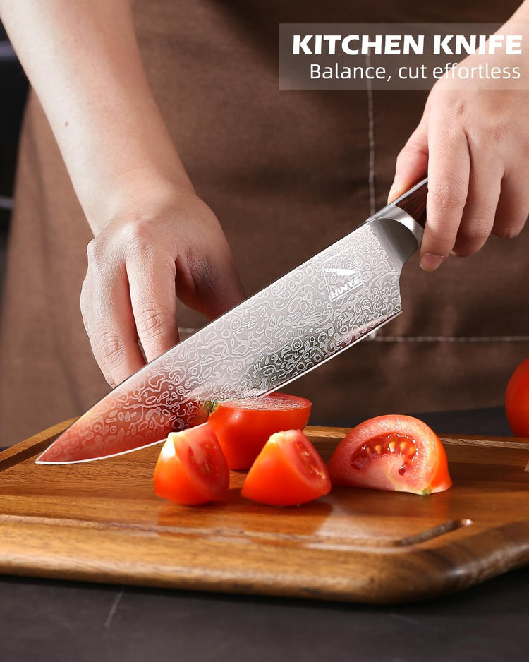 8" German Damascus Chef Knife with Redwood Ergonomic Handle, Textured Anti-Stick Blade, Rustproof Kitchen Knife for Effortless Chopping, Premium Gift Box