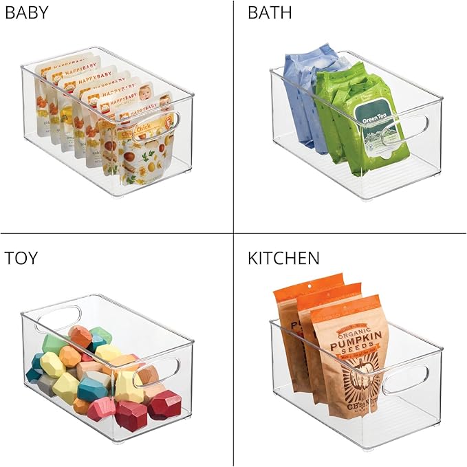 mDesign Plastic Home Closet Organizer - Basket Storage Holder Bin w/ Handles for Bedroom, Bathroom, Cabinet Shelves, Entryway, and Hallway - Holds Sweaters, Purses - Ligne Collection - 4 Pack - Clear