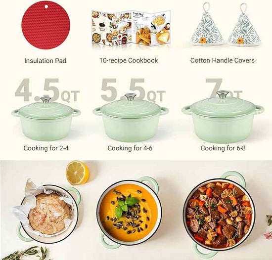 Overmont Enameled Cast Iron Dutch Oven - 5.5QT Pot with Lid Cookbook & Cotton Potholders - Heavy-Duty Cookware for Braising, Stews, Roasting, Bread Baking Verdant