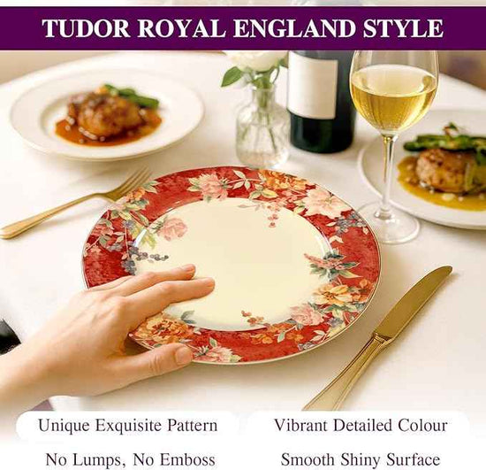 TUDOR Royal Collection 12-Piece Round Porcelain Dinnerware Set, Service for 4 with Dinner Plates, Bowls, and Salad Plates, Crimson Summer Floral Unique Design, Gloss Finish, Durable & Premium Quality