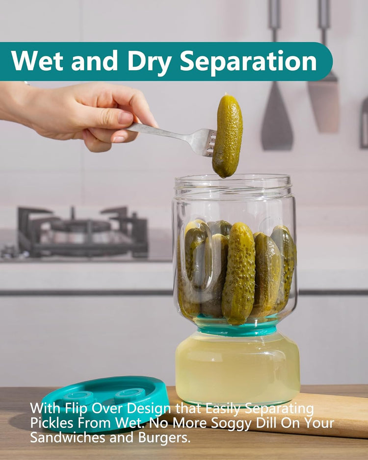 ZENS Pickle Jar with Strainer Flip, 51oz Pickle Container Pickle Juice Separator Teal Hourglass Jar for Olive Keeper, Leakproof Pickle Holder Jars for Pickling Dill Sliced Storage, Gifts for Mom