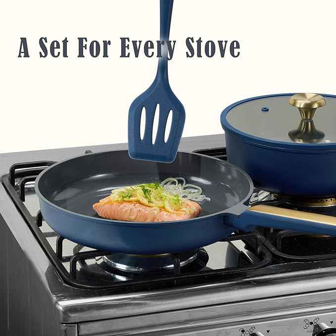 CAROTE Ceramic Cookwar Set, Pots and Pan Set Non Stick 16 Piece, Cookware Set Kitchen Cooking Set Non Toxic, PFAS PTFE Free, Blue