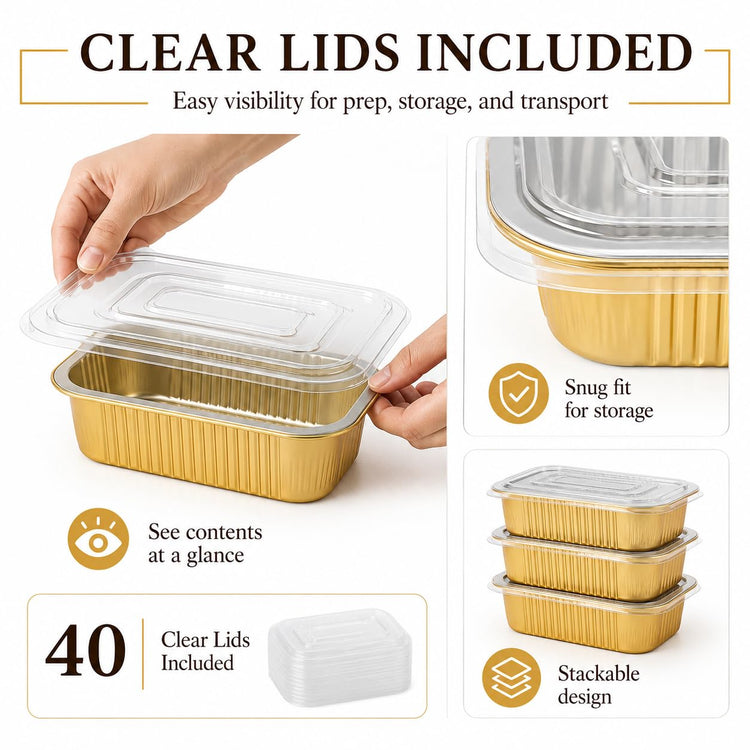 40 Pack 1.5 LB 7.2"×5"×1.8" Aluminum Pans with Lids Heavy Duty (40 Count)