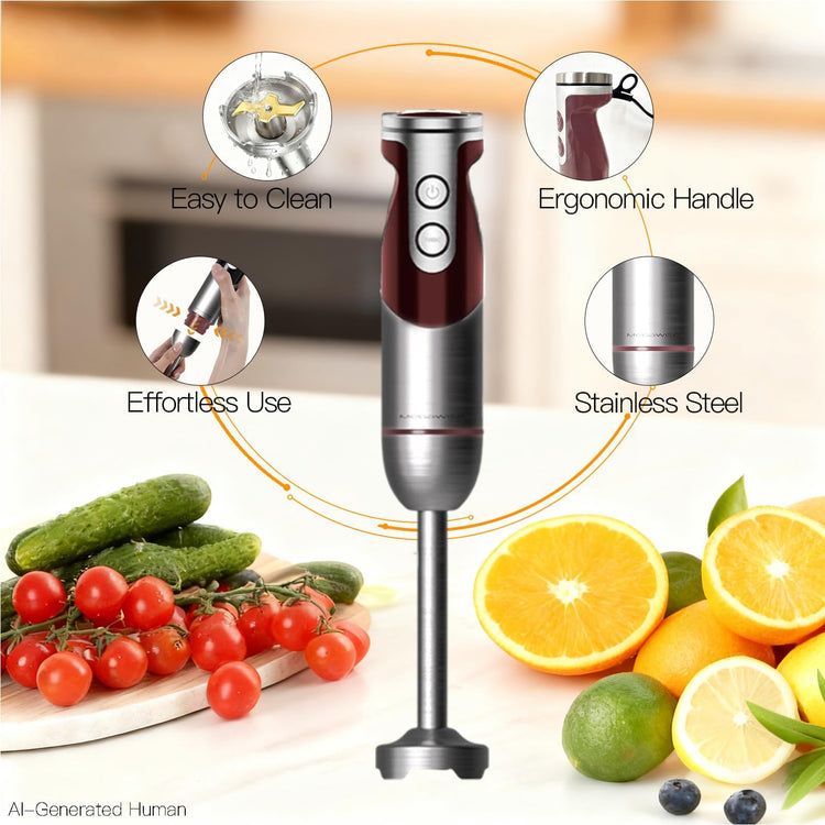 5-in-1 Immersion Hand Blender, Titanium Reinforced Blades (80% Sharper), 12-Speed Powerful Stick Blender with 500ml Chopper, 600ml Beaker, Whisk & Milk Frother for Smoothies, Baby Food & Soup