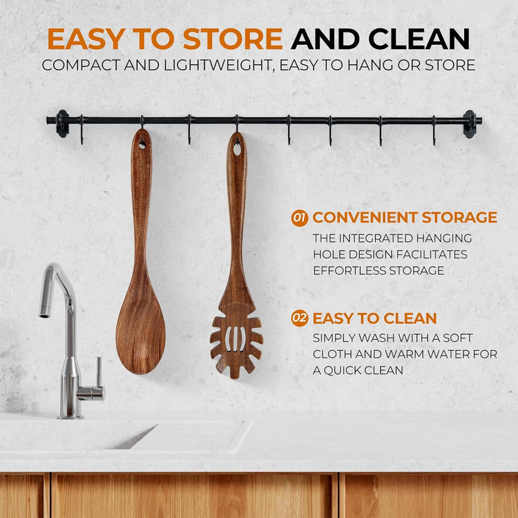 AIUHI Teak Wood Pasta Server, Wooden Spaghetti Noodle Spoon with Teech, Long Handle Spaghetti Fork and Scoop Set (2 Pcs)