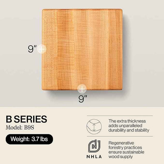 John Boos B Series Square Wooden Maple Cutting Board 9”x9” – 1.5” Thick, 3.7-lb Non-Reversible Butcher Block with Wood Bun Feet & Edge-Grain