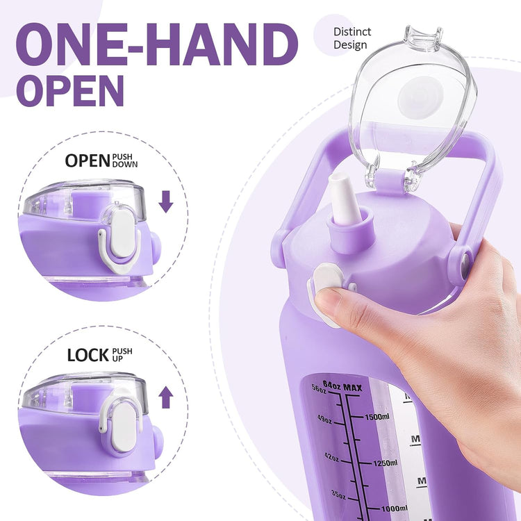 kytffu 64oz Glass Water Bottles with Straw, Half Gallon Motivational Glass Bottle with Silicone Sleeve and Time Marker, 2L Leakproof Large Glass Water Jug for Gym Home Office, Purple