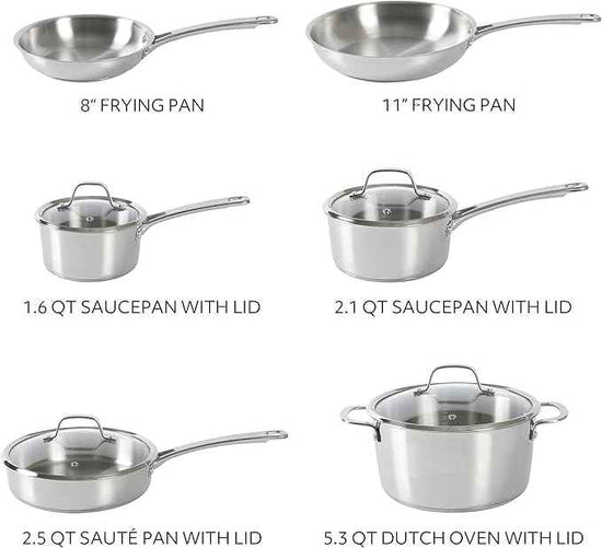 Sur La Table Kitchen Essentials Chef's Deck 10 Piece Stainless Steel Non Toxic Pots and Pans Kitchen Cookware Set w/Triply Encapsulated Base - Induction Safe