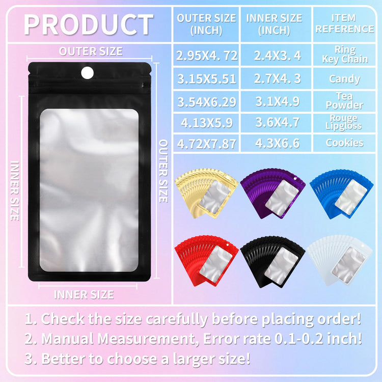 200 Pack Resealable Mylar Holographic Bags Food Storage Smell Proof Bags with Front Window Foil Packaging Pouch for Candy Sample Jewelry Small Business 3.15×5.51 Inch (200 Count)