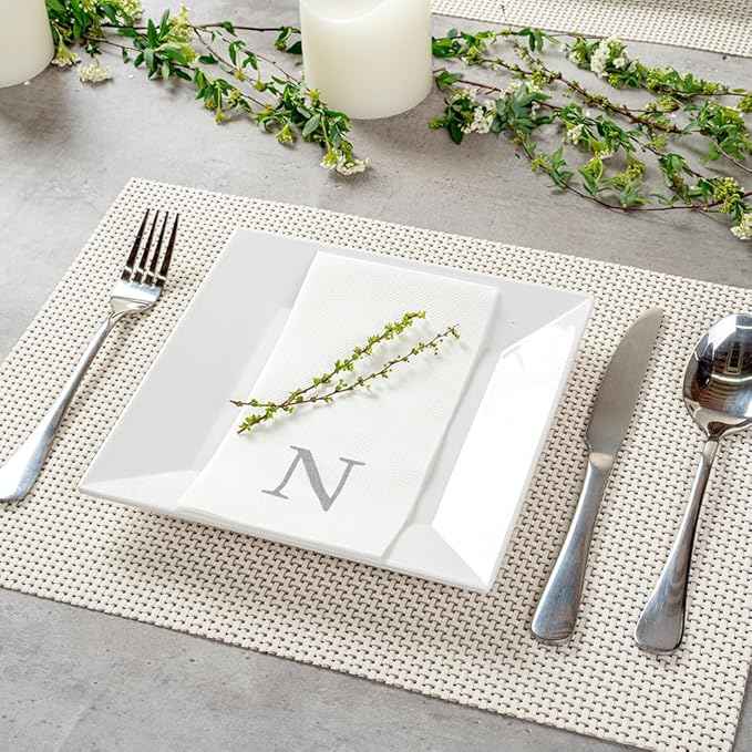 Luxenap 15.8 X 7.9 Inch Linen-Feel Guest Towels, 2000 Lettered Hand Towels - Silver Letter 'N', Sans Serif Font, White Paper Dinner Napkins, airlaid, For Restrooms And Tables - Restaurantware