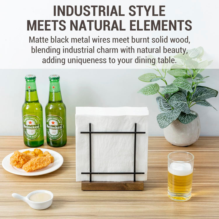 MyGift Napkin Holder for Table, Matte Black Metal Napkin Dispenser for Kitchen Dining with Rustic Burnt Brown Wood Base, Decorative Holders for Paper Mail Bills Home Decor