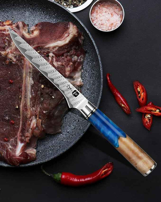 Damascus Boning Knife 6 Inch,VG10 Core Steel with 66-Layers High Carbon,Professional Boning Knives for Meat Poultry Chicken,Blue Resin & Wood Handle,Ideal Gift for Chefs and Cooking Lovers