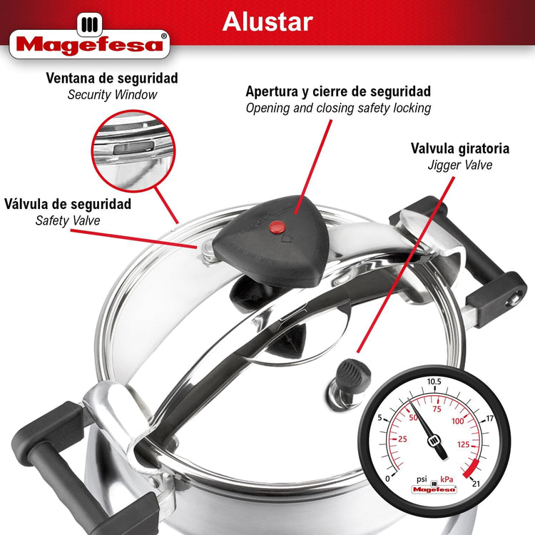 Magefesa Alustar 23.2-Quart Aluminum Pressure Cooker – Extra-Thick Construction, Thermodiffusion Base, 3 Safety Systems, Professional-Grade - Nestoria
