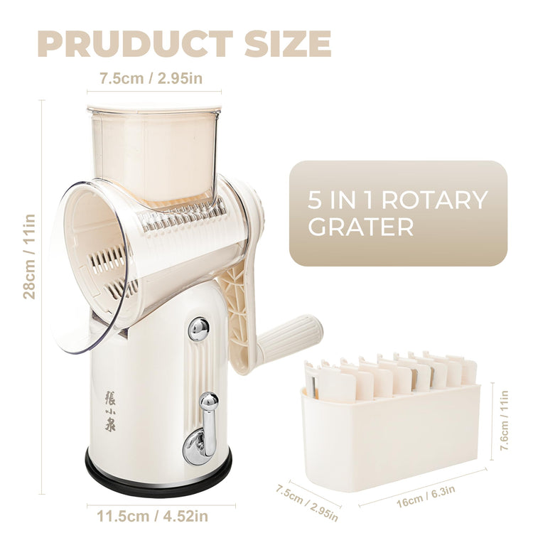 Rotary Cheese Grater Manual Hand Crank with 5 Blades & Suction Base