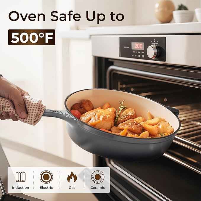 Kitchen Academy 7Pcs Enameled Cast Iron Cookware Sets - Non Toxic Pots and Pans Set, Grey Induction Nonstick Cookware Set, PFOA&PFAS Free